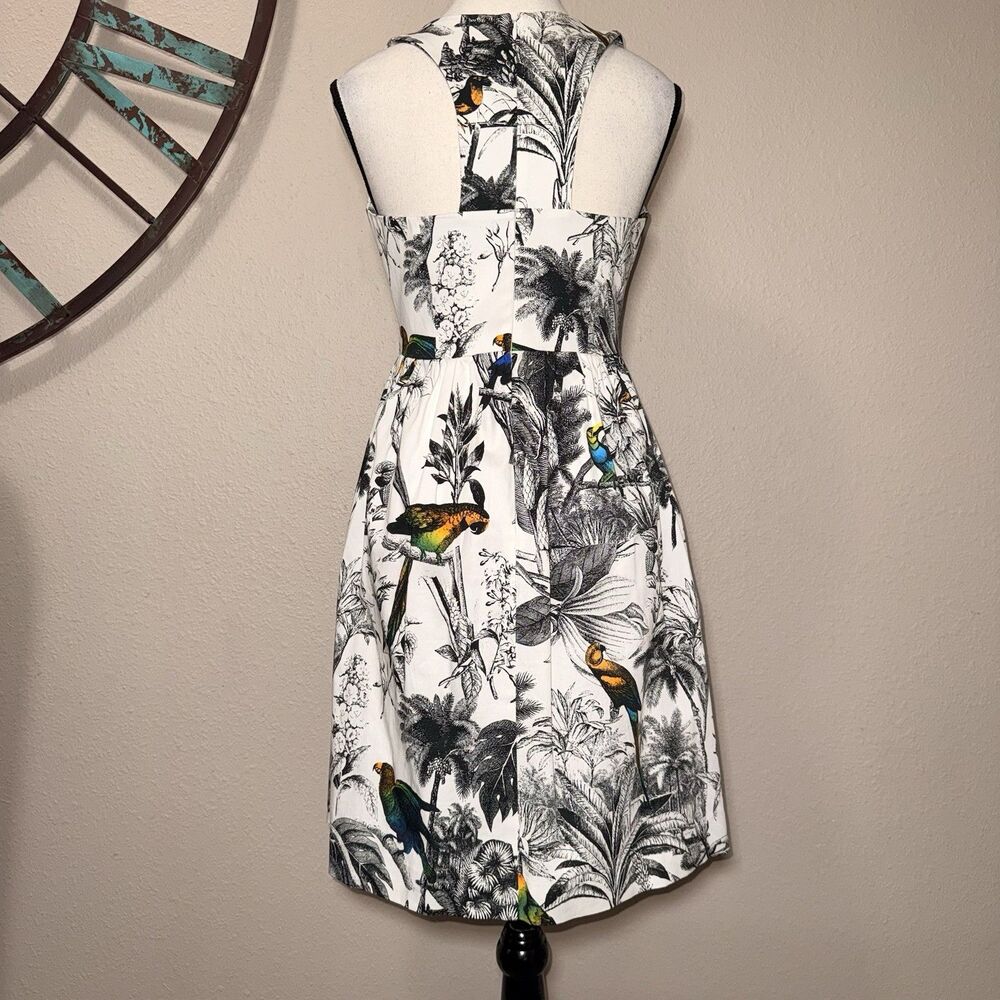 MILLY Fit & Flare Dress 0 NWOT White Black Tropical Print Sleeveless Lined USA - Picture 2 of 6